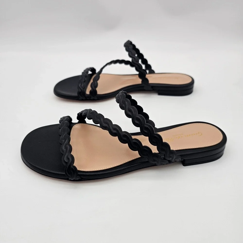 Gianvito Rossi Sandals Women Kay 05 Black Braided Nappa Leather Flat Slides SZ 9